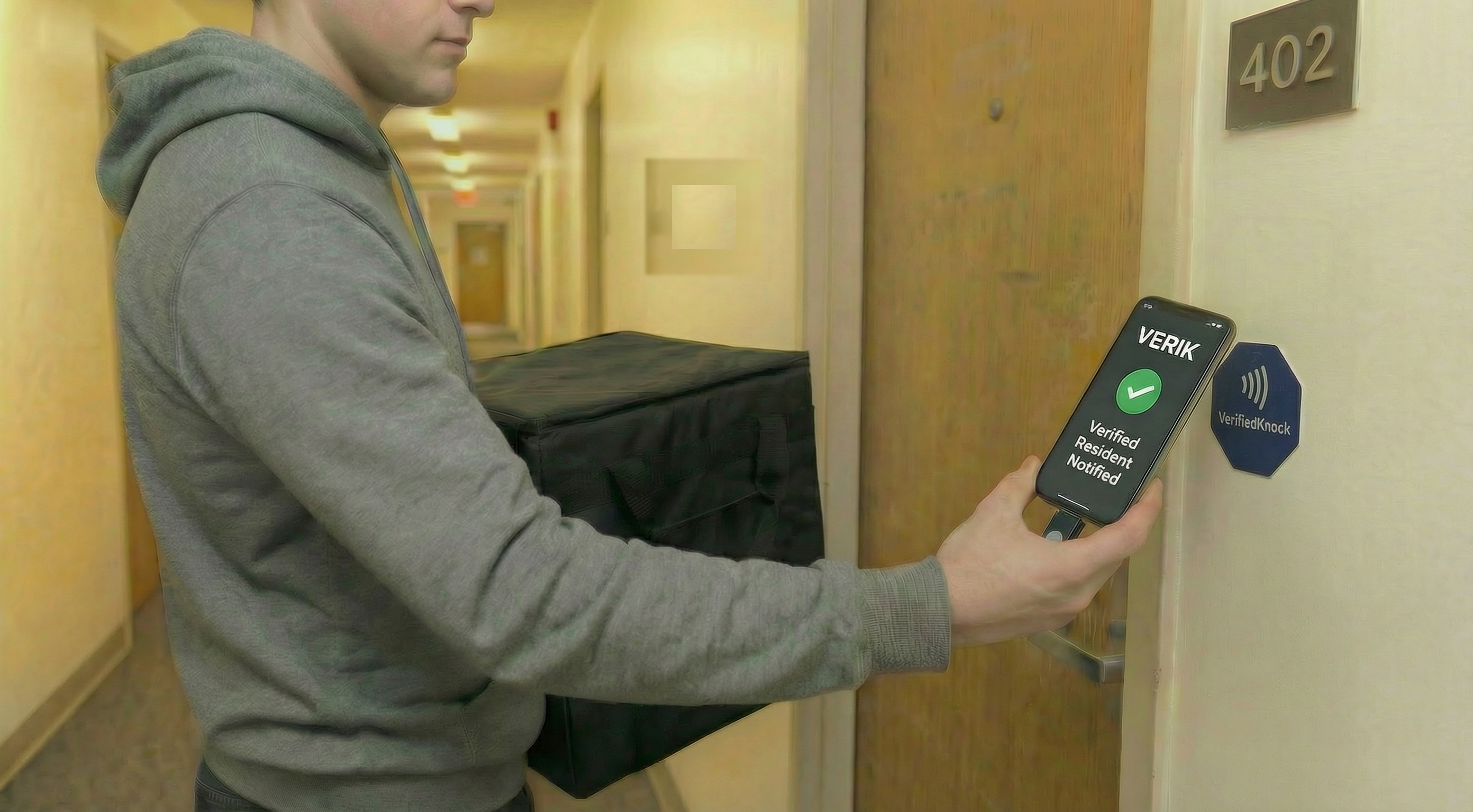 Delivery driver using VerifiedKnock at apartment door